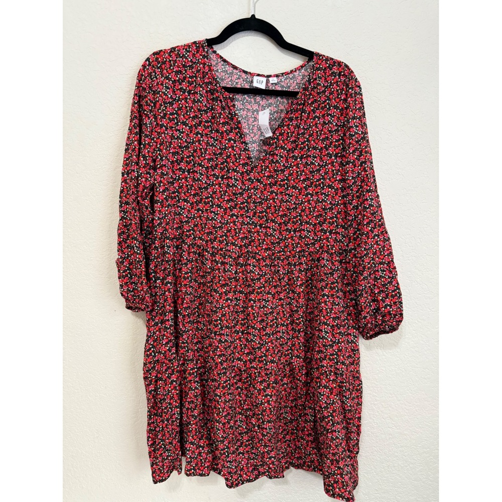 NWT GAP Floral Print‎ Mini Dress Red Black Long Sleeve V Neck Tiered Babydoll